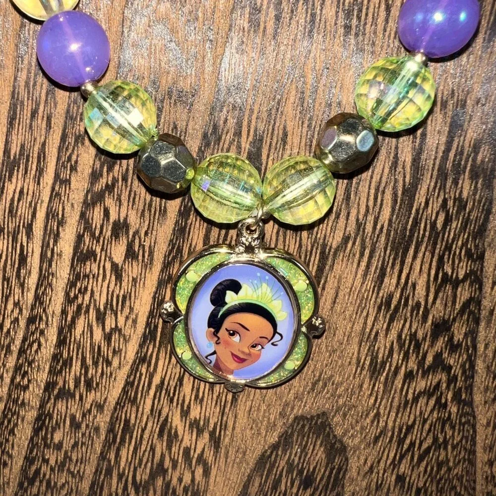 Disney Princess Tiana Beaded Necklace Green & Purple With Charm Handmade Womens